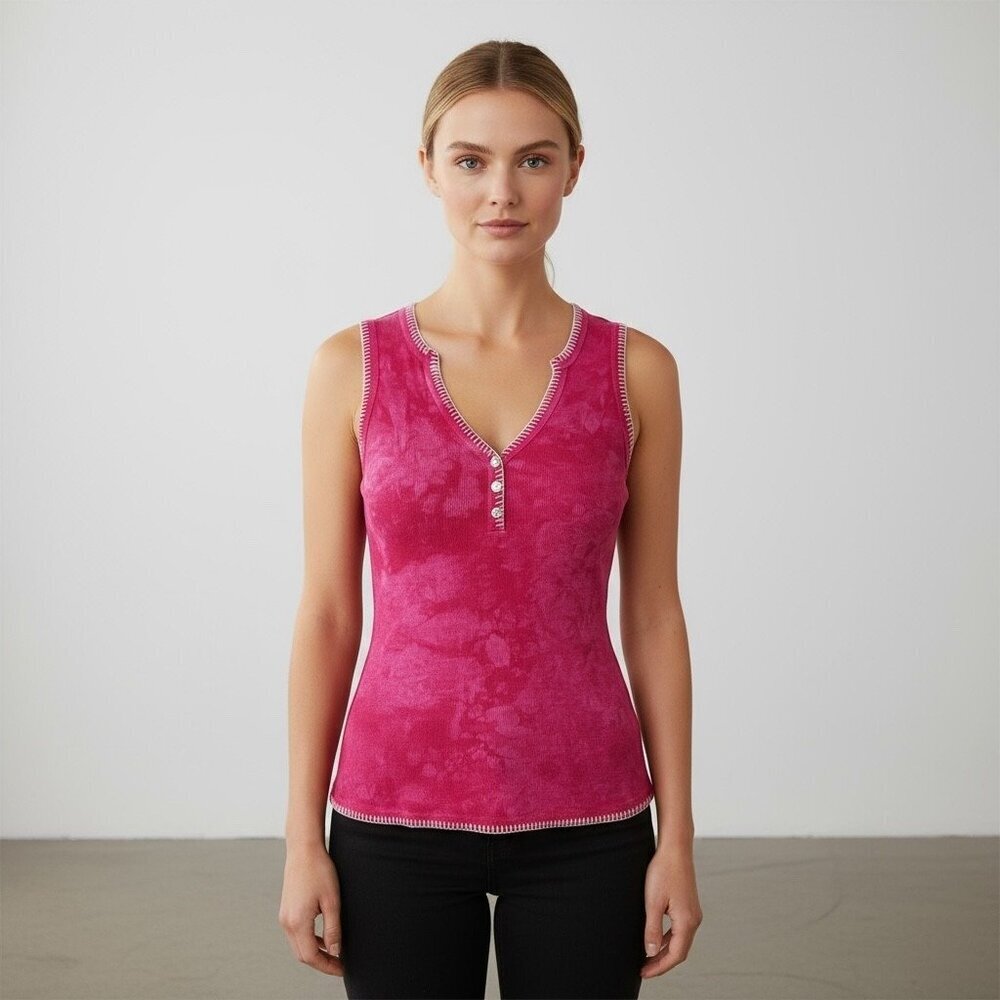 NWT Vintage Y2K Me & Ko Hot Pink Tie-Dye Henley Tank Top Size M